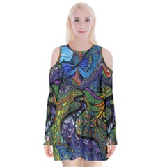 Psychedelic Digital Art Artwork Landscape Colorful Velvet Long Sleeve Shoulder Cutout Dress