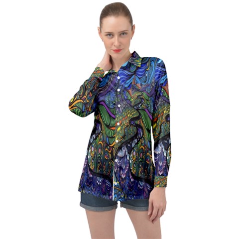 Psychedelic Digital Art Artwork Landscape Colorful Long Sleeve Satin Shirt by Bedest