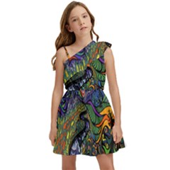 Psychedelic Digital Art Artwork Landscape Colorful Kids  One Shoulder Party Dress by Bedest