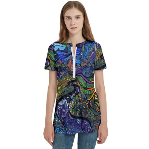 Psychedelic Digital Art Artwork Landscape Colorful Women s Zip Front V-neck Short Sleeve Casual Top Pocket Shirt by Bedest