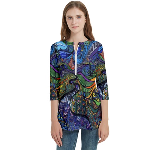 Psychedelic Digital Art Artwork Landscape Colorful Women s Zip Front V-neck 3/4 Sleeve Casual Top Pocket Shirt by Bedest