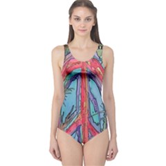 Artistic Psychedelic Hippie Peace Sign Trippy One Piece Swimsuit by Bedest