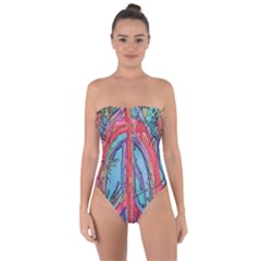 Artistic Psychedelic Hippie Peace Sign Trippy Tie Back One Piece Swimsuit by Bedest