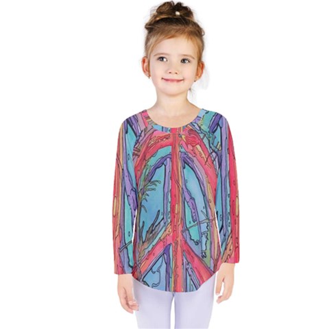 Artistic Psychedelic Hippie Peace Sign Trippy Kids  Long Sleeve T-shirt by Bedest