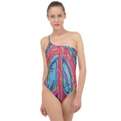 Artistic Psychedelic Hippie Peace Sign Trippy Classic One Shoulder Swimsuit by Bedest