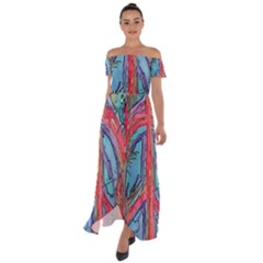 Artistic Psychedelic Hippie Peace Sign Trippy Off Shoulder Open Front Chiffon Dress by Bedest