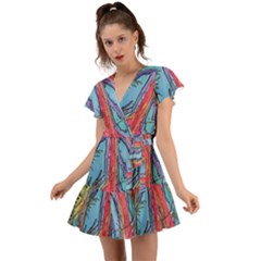 Artistic Psychedelic Hippie Peace Sign Trippy Flutter Sleeve Wrap Dress by Bedest