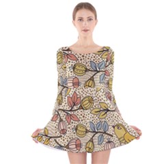 Seamless Pattern With Flower Bird Long Sleeve Velvet Skater Dress