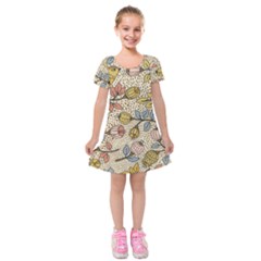 Seamless Pattern With Flower Bird Kids  Short Sleeve Velvet Dress