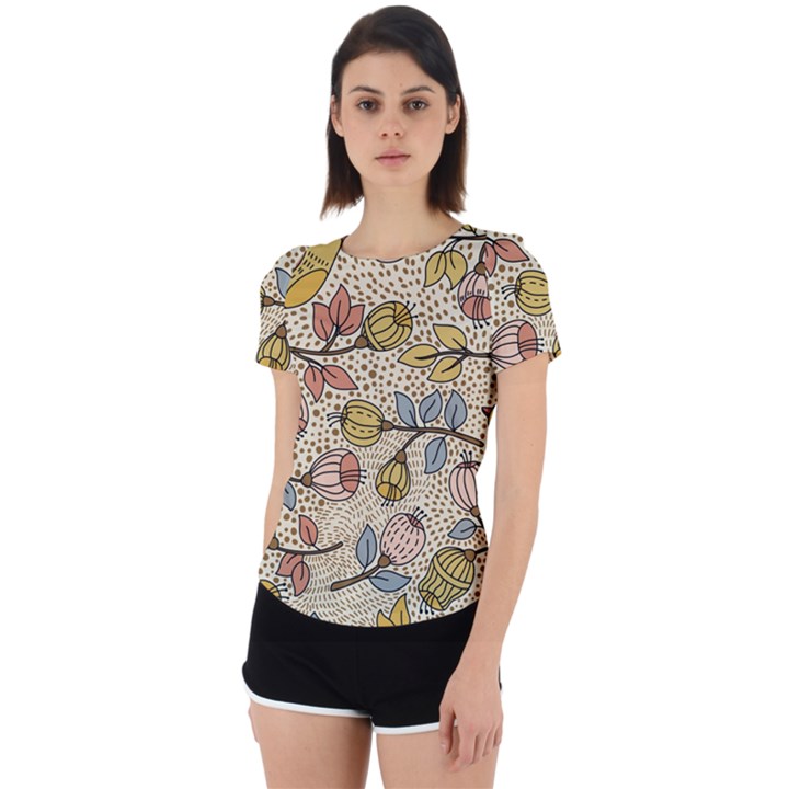 Seamless Pattern With Flower Bird Back Cut Out Sport T-Shirt