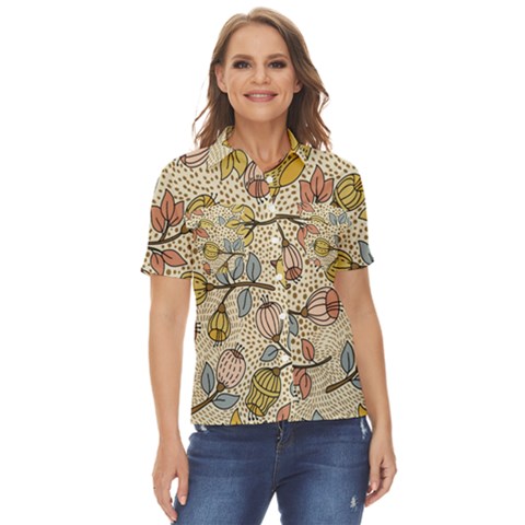 Seamless Pattern With Flower Bird Women s Short Sleeve Double Pocket Shirt by Bedest