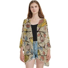 Seamless Pattern With Flower Bird Open Front 3/4 Sleeve Batwing Chiffon Cardigan Kimono