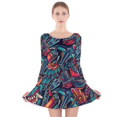 Vintage Tattoos Colorful Seamless Pattern Long Sleeve Velvet Skater Dress