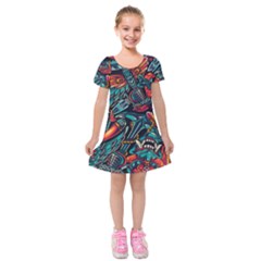 Vintage Tattoos Colorful Seamless Pattern Kids  Short Sleeve Velvet Dress