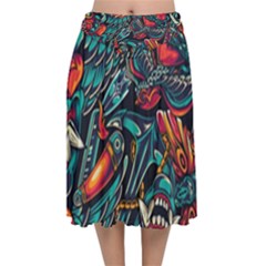 Vintage Tattoos Colorful Seamless Pattern Velvet Flared Midi Skirt