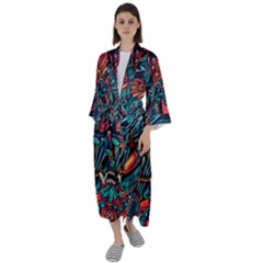 Vintage Tattoos Colorful Seamless Pattern Maxi Satin Kimono by Bedest