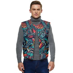 Vintage Tattoos Colorful Seamless Pattern Men s Button Up Puffer Vest	