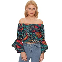 Vintage Tattoos Colorful Seamless Pattern Off Shoulder Flutter Bell Sleeve Top