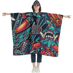 Vintage Tattoos Colorful Seamless Pattern Women s Hooded Rain Ponchos