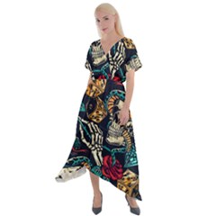 Vintage Art Tattoos Colorful Seamless Pattern Cross Front Sharkbite Hem Maxi Dress