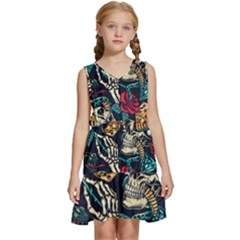 Vintage Art Tattoos Colorful Seamless Pattern Kids  Sleeveless Tiered Mini Dress by Bedest