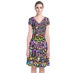 Graffiti Word Seamless Pattern Short Sleeve Front Wrap Dress