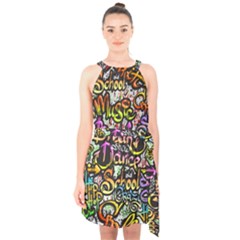 Graffiti Word Seamless Pattern Halter Collar Waist Tie Chiffon Dress by Bedest