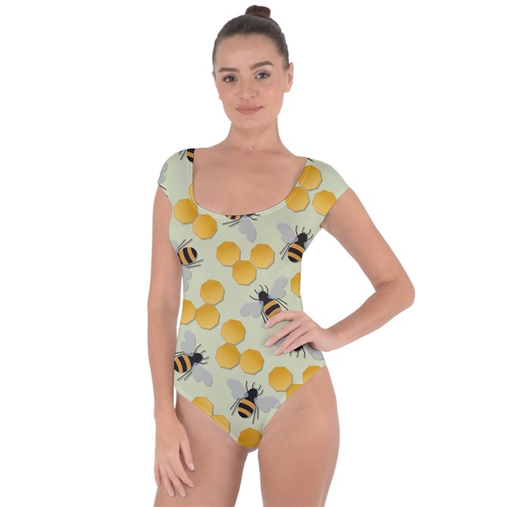 Bees Pattern Honey Bee Bug Honeycomb Honey Beehive Short Sleeve Leotard 