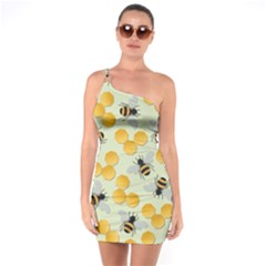 Bees Pattern Honey Bee Bug Honeycomb Honey Beehive One Shoulder Ring Trim Bodycon Dress