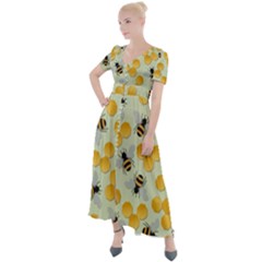 Bees Pattern Honey Bee Bug Honeycomb Honey Beehive Button Up Short Sleeve Maxi Dress by Bedest