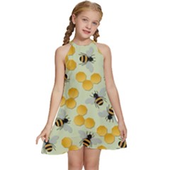 Bees Pattern Honey Bee Bug Honeycomb Honey Beehive Kids  Halter Collar Waist Tie Chiffon Dress by Bedest