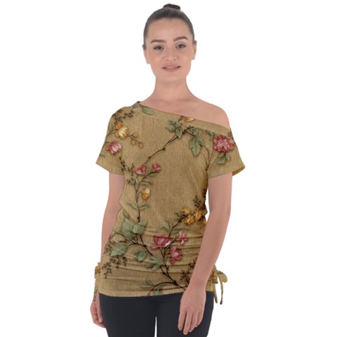 Flowers, Branches, Desenho, Edge, Leaves Off Shoulder Tie-up T-shirt by kyorashop23