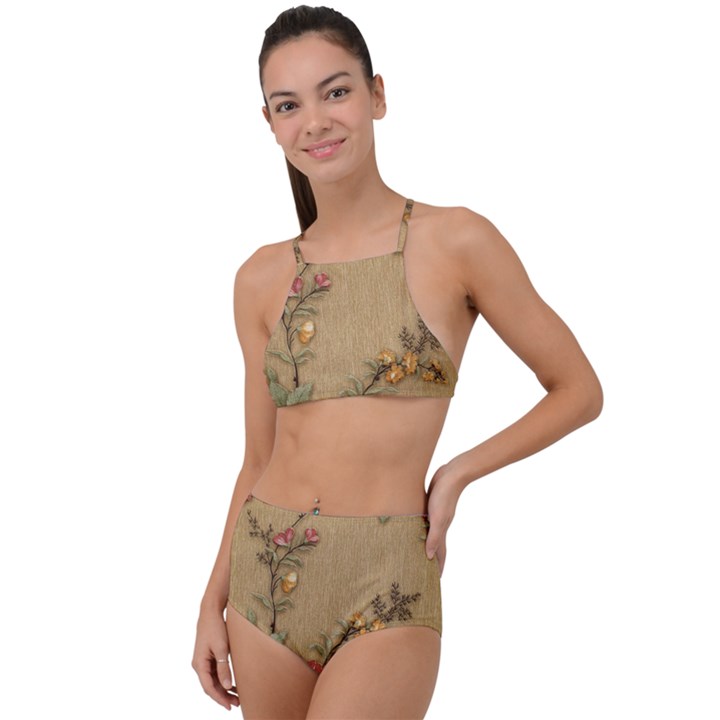 Flowers, Branches, Desenho, Edge, Leaves Halter Tankini Set