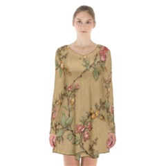 Flowers, Branches, Desenho, Edge, Leaves Long Sleeve Velvet V-neck Dress