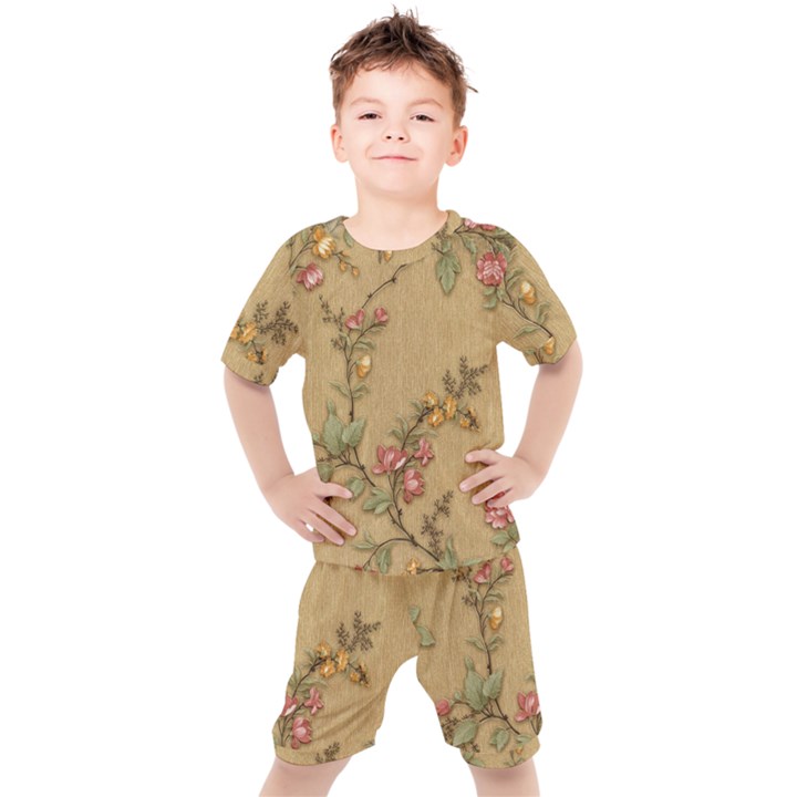 Flowers, Branches, Desenho, Edge, Leaves Kids  T-Shirt and Shorts Set