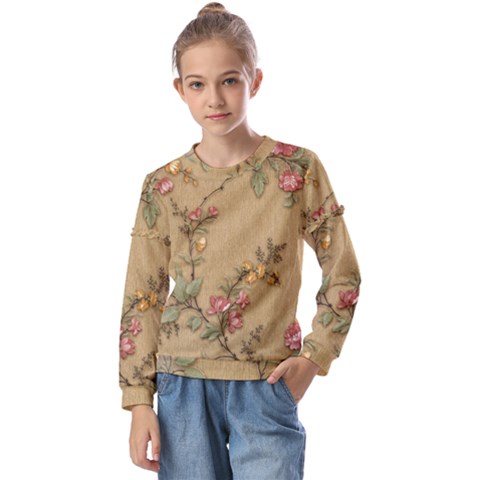 Flowers, Branches, Desenho, Edge, Leaves Kids  Long Sleeve T-shirt With Frill  by kyorashop23