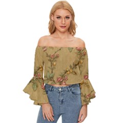 Flowers, Branches, Desenho, Edge, Leaves Off Shoulder Flutter Bell Sleeve Top