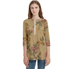 Flowers, Branches, Desenho, Edge, Leaves Women s Zip Front V-neck 3/4 Sleeve Casual Top Pocket Shirt