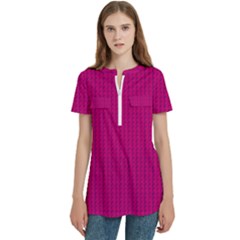 Purple Lego Texture Macro, Purple Dots Background Women s Zip Front V-neck Short Sleeve Casual Top Pocket Shirt