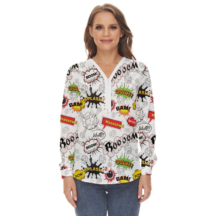 Pattern Seamless Texture Cartoon Zip Up Long Sleeve Blouse