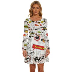 Pattern Seamless Texture Cartoon Long Sleeve Wide Neck Velvet Dress