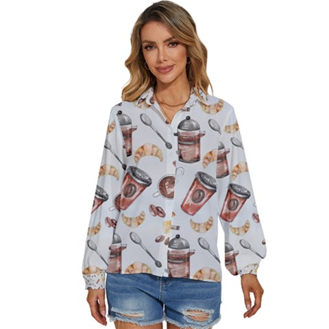 Coffee Mania Caffeine Women s Long Sleeve Button Up Shirt by Bedest