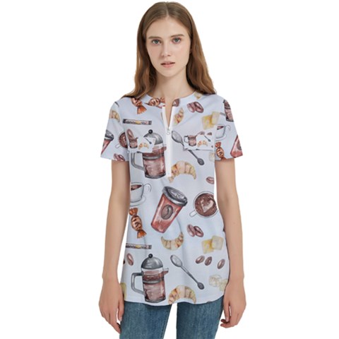 Coffee Mania Caffeine Women s Zip Front V-neck Short Sleeve Casual Top Pocket Shirt by Bedest