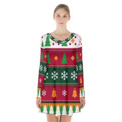 Christmas Time Pattern Christmas Ornament Long Sleeve Velvet V-neck Dress