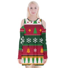 Christmas Time Pattern Christmas Ornament Velvet Long Sleeve Shoulder Cutout Dress