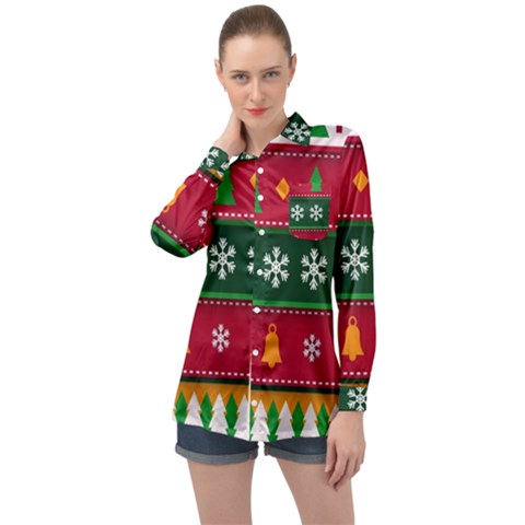 Christmas Time Pattern Christmas Ornament Long Sleeve Satin Shirt by Bedest