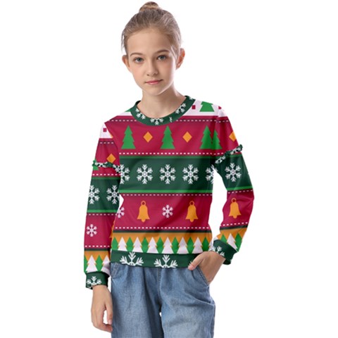 Christmas Time Pattern Christmas Ornament Kids  Long Sleeve T-shirt With Frill  by Bedest