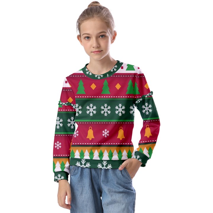 Christmas Time Pattern Christmas Ornament Kids  Long Sleeve T-Shirt with Frill 