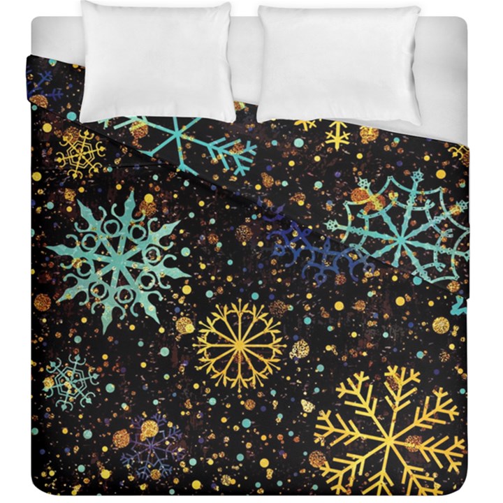 Gold Teal Snowflakes Gold Abstract Christmas Duvet Cover Double Side (King Size)