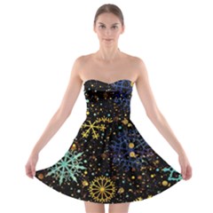 Gold Teal Snowflakes Gold Abstract Christmas Strapless Bra Top Dress by Bedest